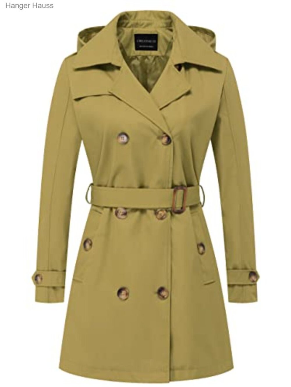Women's Water Repellent Trench Coat Double-Breasted Belted Detachable Hood